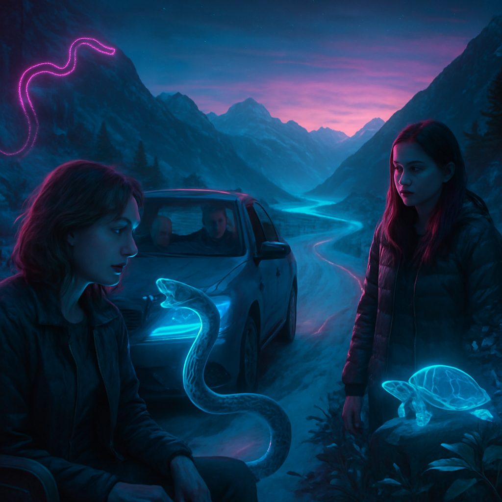 The dreamer experiences a series of vivid scenes involving snakes, a perceived threat, a road journey, a mountain climb, and a serene valley. The dream features interactions with friends, a symbolic journey, and ends with elements of social connections and personal interests.