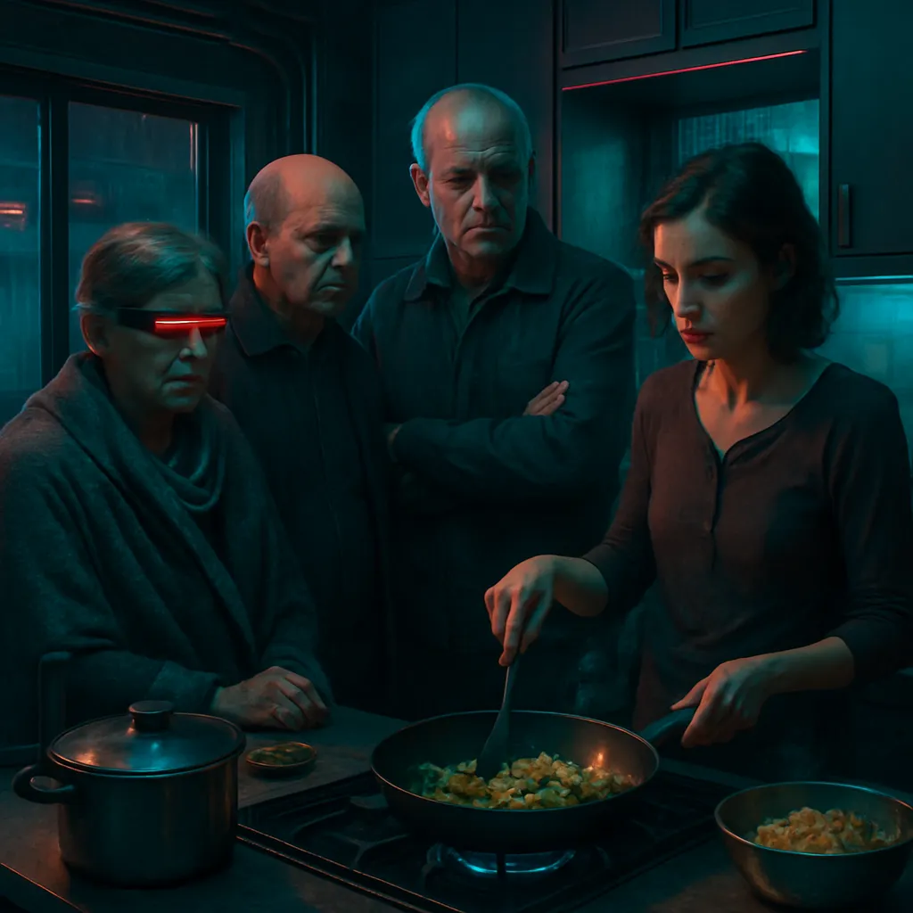 The dreamer attends an event with family, observes tensions between family members, offers support to a blind figure, and then cooks a meal while mulling over a family member's character.