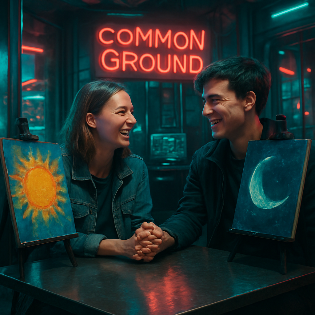 The dreamer sits with Martin at Common Ground, where they share a connection through art and hold hands, highlighting affection and individual perspectives.