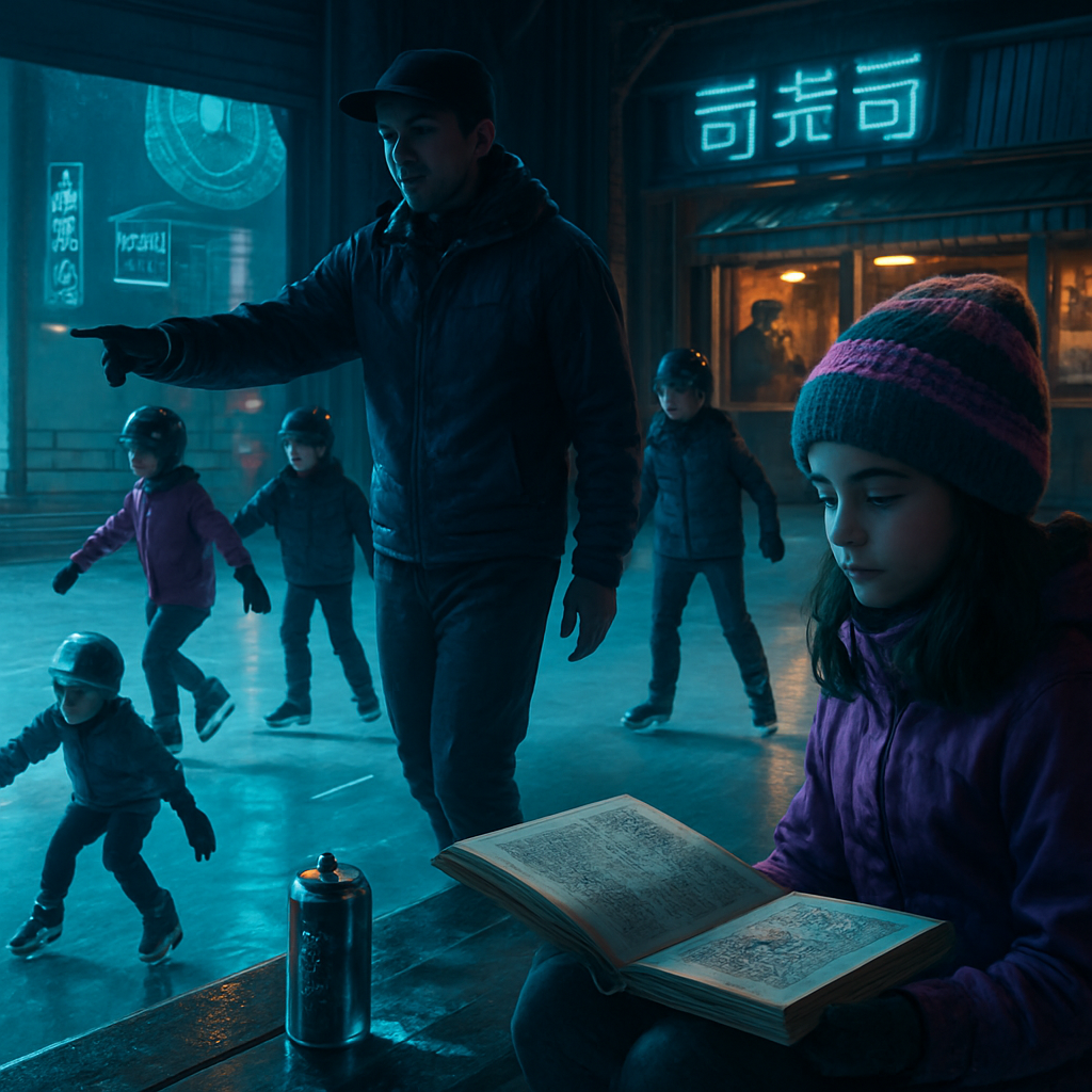 The dreamer observes children practicing ice skating, eventually inspiring them to improve. Later, the dreamer dines with a friend, experiencing social judgment and embarrassment at a seaside restaurant. Familial support is hinted at, despite a sense of unease.