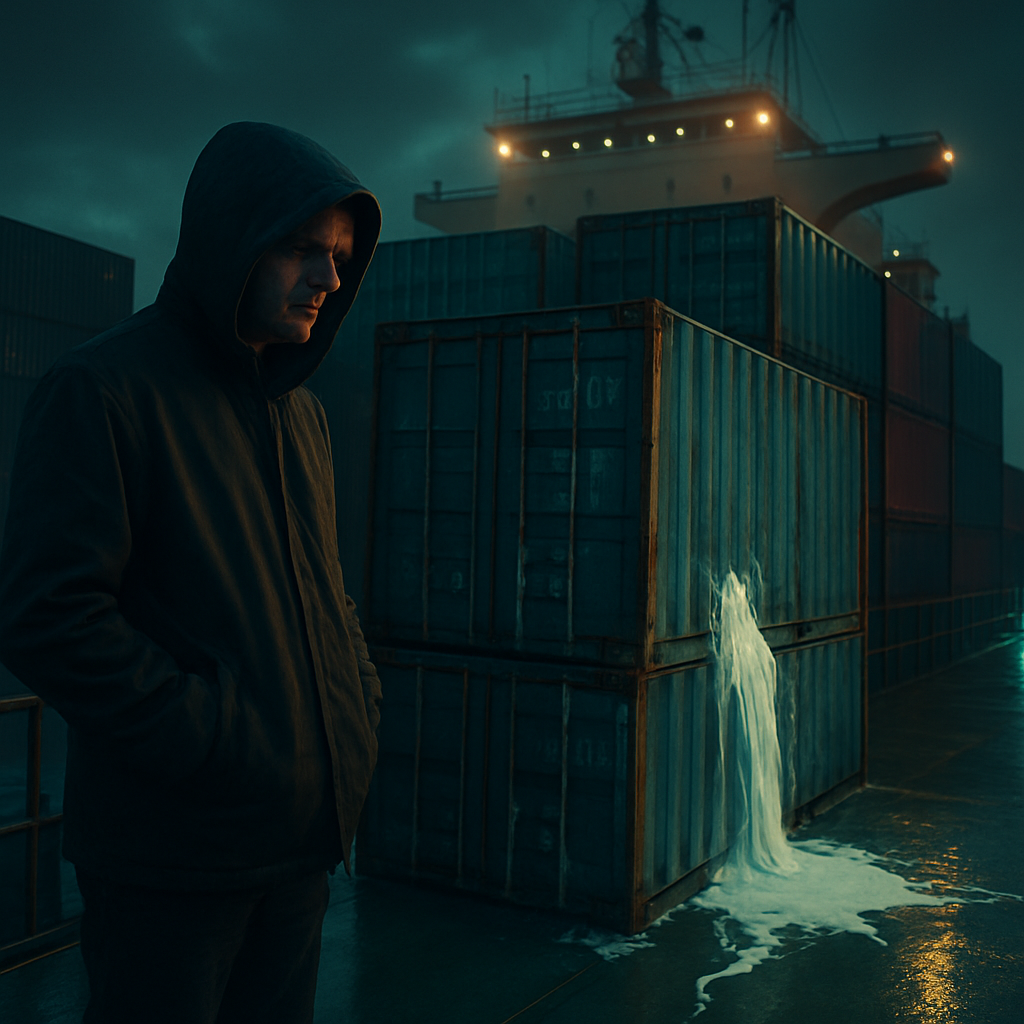 A mysterious individual is setting up dreams, raising suspicion about manipulation. The dreamer then observes a freighter ship with leaking containers, possibly representing repressed emotions or burdens.
