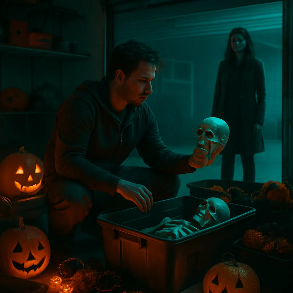 A dream of trying to organize Halloween decorations in a garage, dealing with a separated skeleton head and an unseen obstacle delaying progress, observed by a woman outside with dark hair.