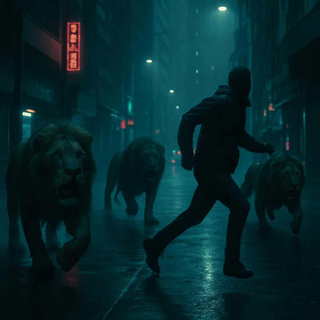 The dream involves African Lions roaming and chasing people in a city, indicating a recurring theme of fear or anxiety.