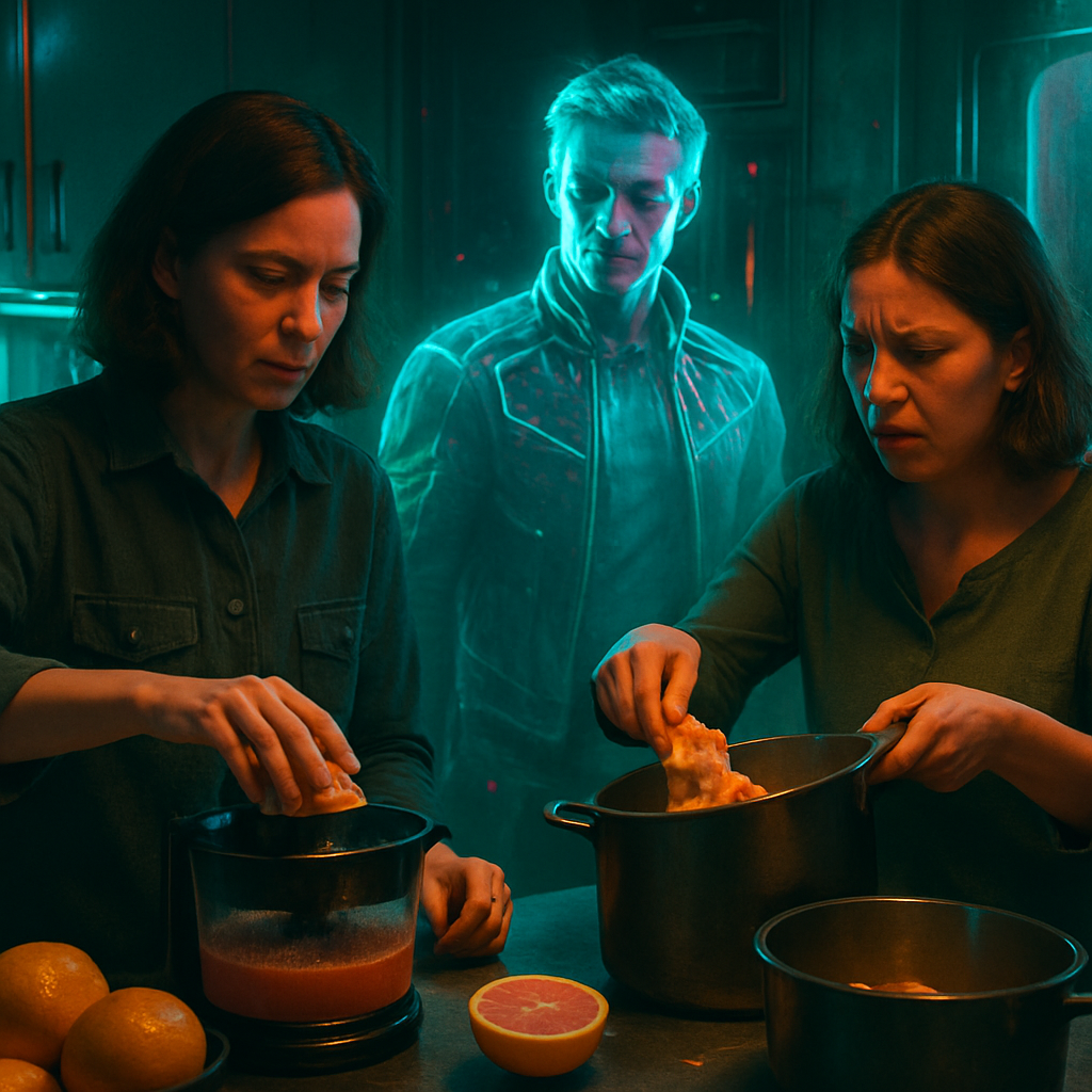The dreamer is with a colleague, Teresa, trying to make grapefruit juice. Teresa misunderstands the process and puts ingredients into a pot. The dreamer sees their deceased father and feels like a child, seeking help but realizing the journey must be undertaken alone.