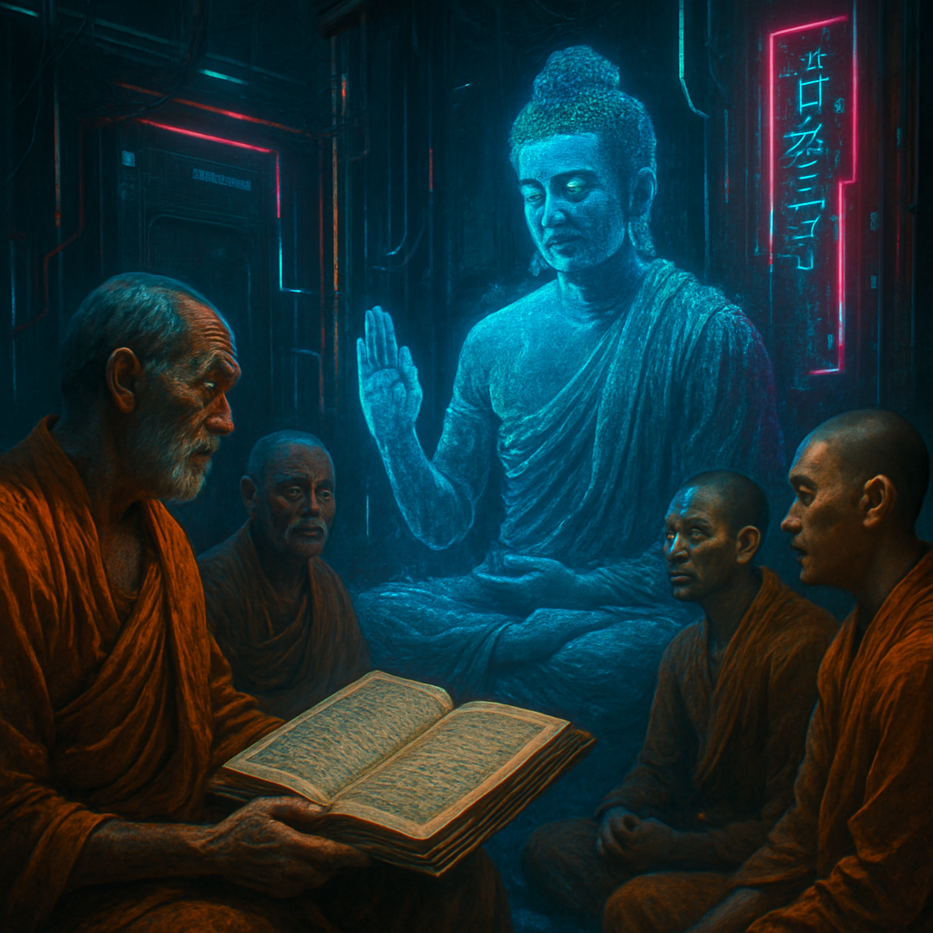 The dream depicts a dialogue read in an ancient book, where sages inquire Buddha about his spiritual claims. Over time, Buddha fluctuates between claiming nothingness and being the divine utterance, representing a profound spiritual realization.