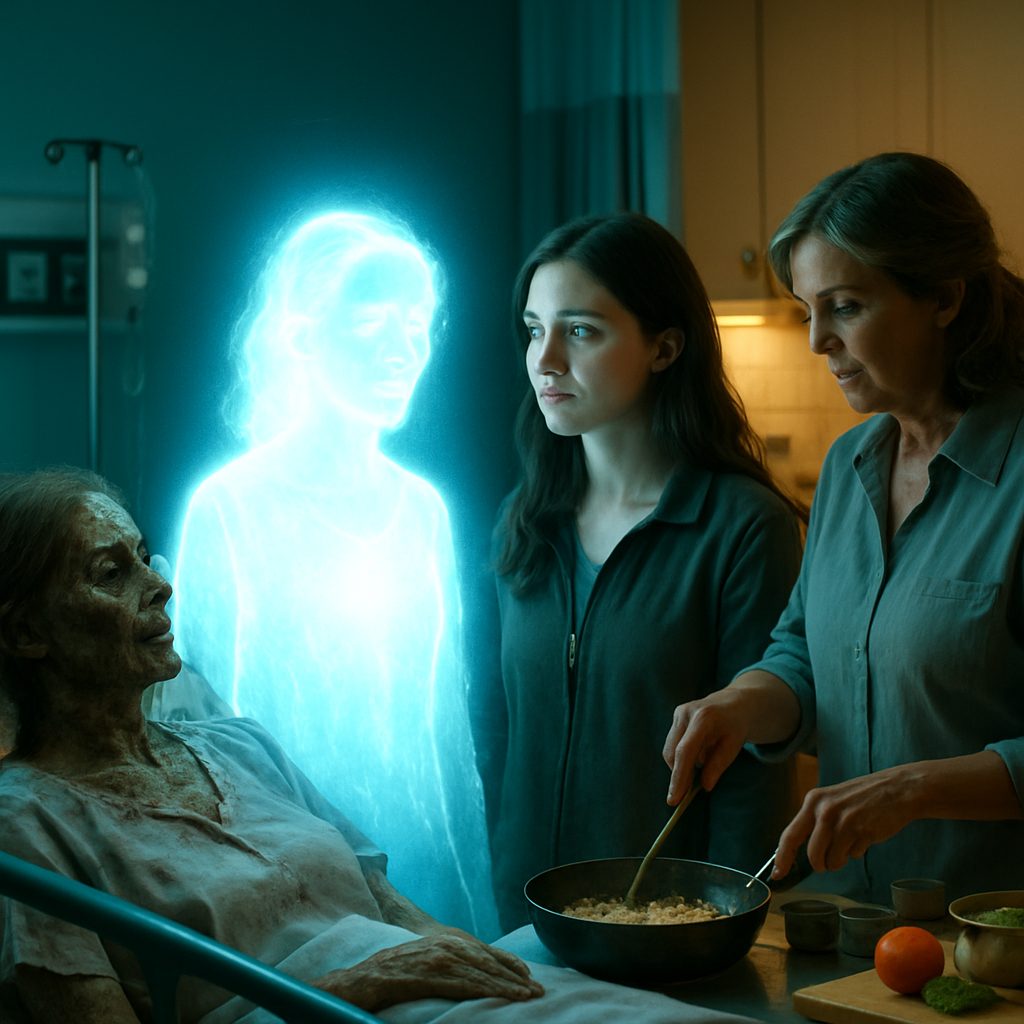 In this dream, the dreamer experiences guiding a deceased woman across to the other side in a hospital setting and later finds comfort cooking with their mother in a kitchen. A glowing spirit named Ruby acts as a guide amid confronting the deceased woman's decaying body.