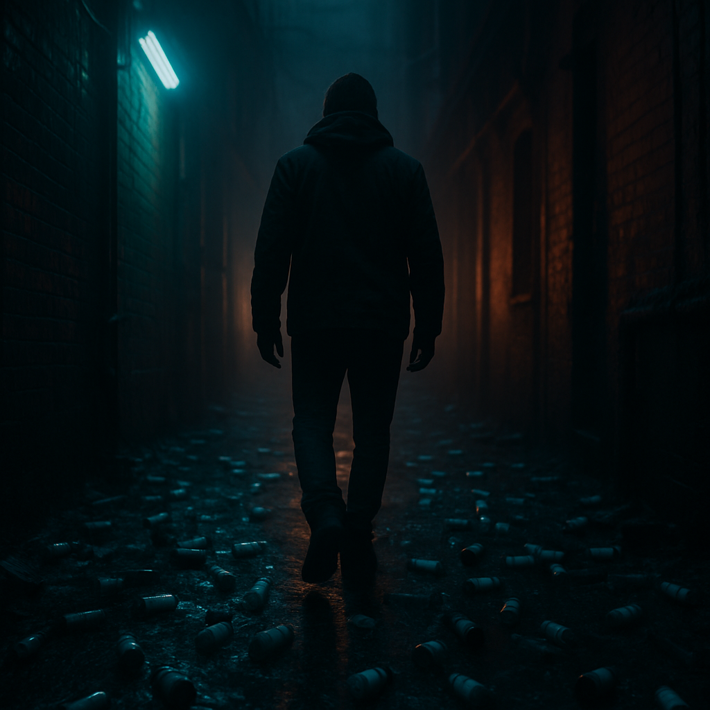 The dreamer walks down a dark, damp alley below street level, surrounded by empty and broken homeopathic bottles, suggesting themes of subconscious exploration and a search for healing.