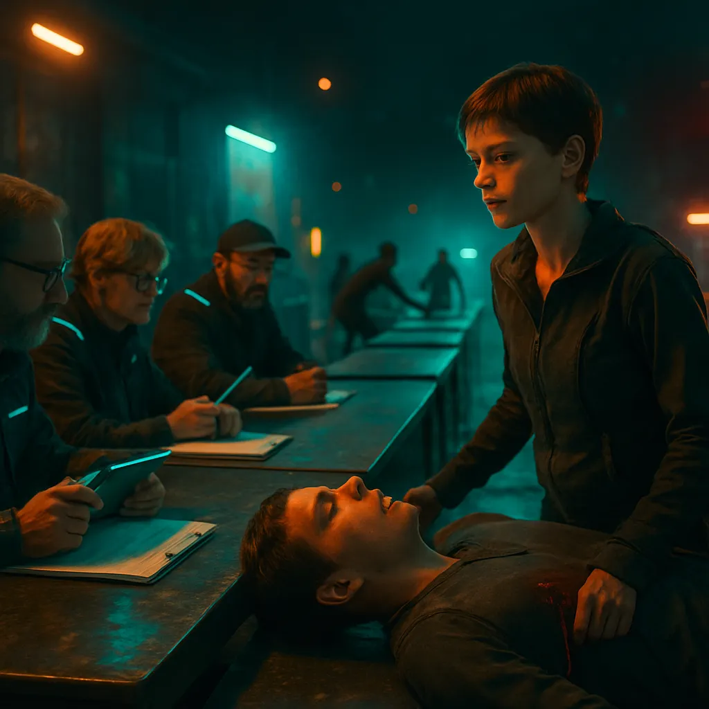 In an outdoor setting at night with long tables arranged in a row, participants perform sequences of movements judged by friendly officials. The dream culminates in a mysterious event where a woman is suspected of murdering her male partner or brother. Eventually, it's revealed to be an accident, and the dreamer returns to their task, successfully completing it.