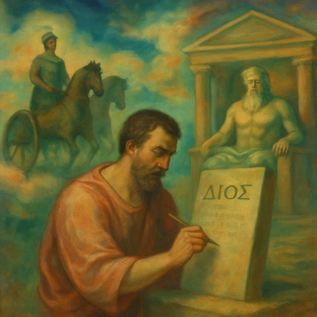 The dream involves the dreamer inscribing a dedication to Zeus and contemplating its significance. It includes elements of Greek mythology, personal mastery, and spiritual ambition.