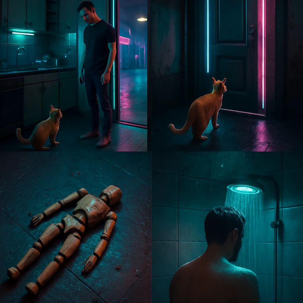 In the dream, Strauss the cat sees the dreamer in the kitchen and leads Levi towards the front door, suggesting an adventure outside. A wooden doll falls and breaks, and later, the dreamer is in the shower, indicating cleansing or renewal.