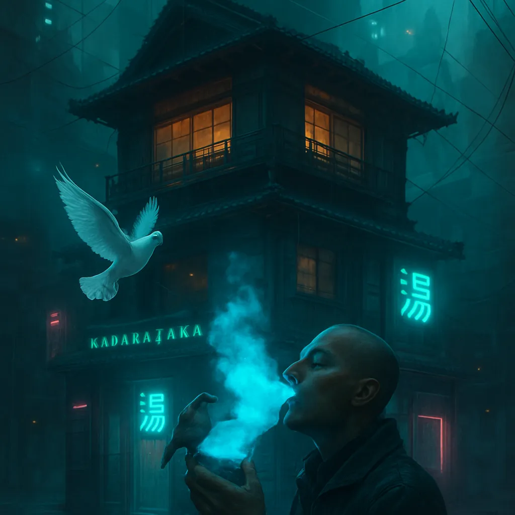 The dreamer envisions living in a high house in Kaburazaka, with a bathhouse below. They experience mystical interactions with birds, witnessing a dove transform multiple times, ultimately becoming a blue cloud that the dreamer drinks, symbolizing spiritual growth and transformation.