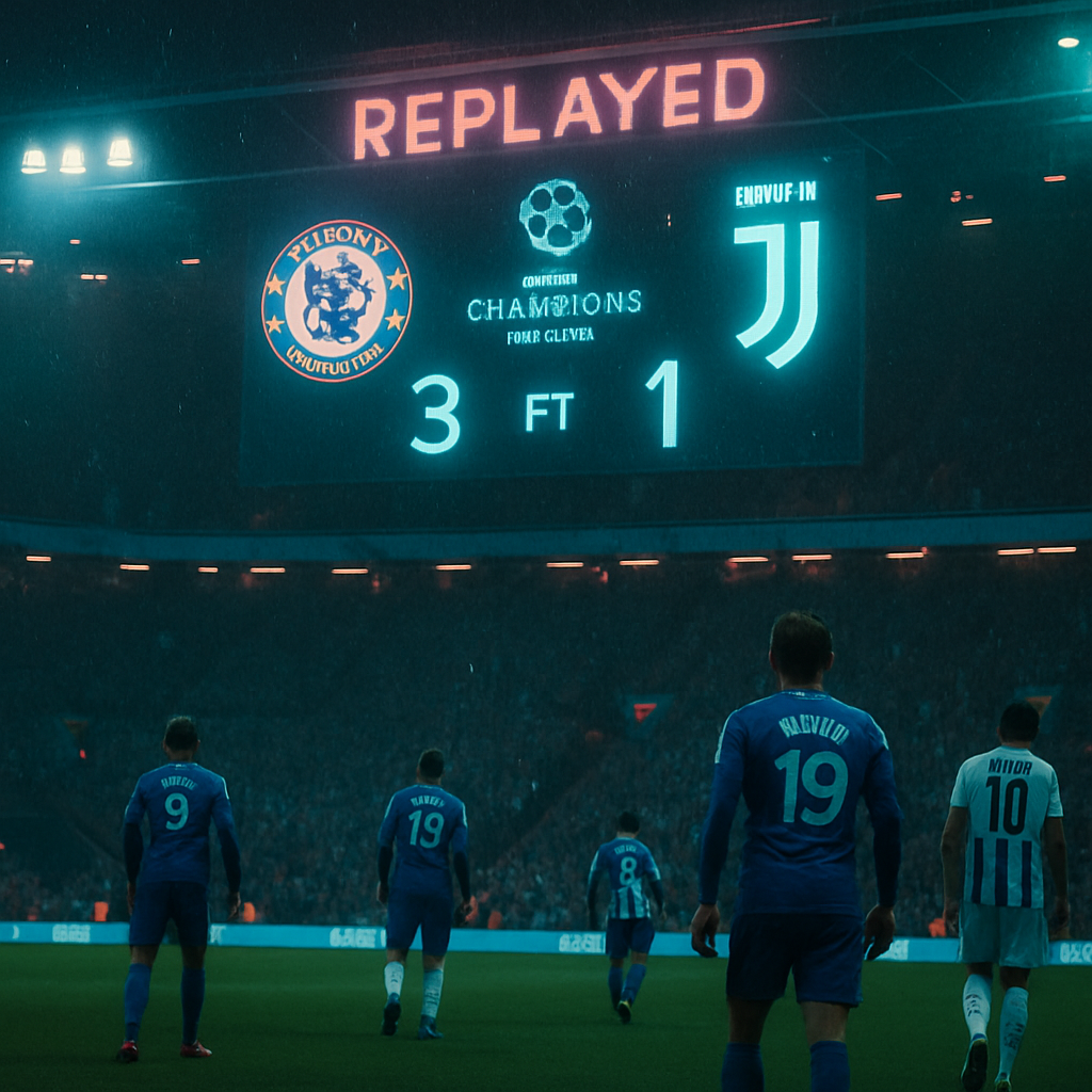 A soccer match where Chelsea wins against Juventus 3-1 in a replayed match of the Champions League, despite Juventus having won previously.