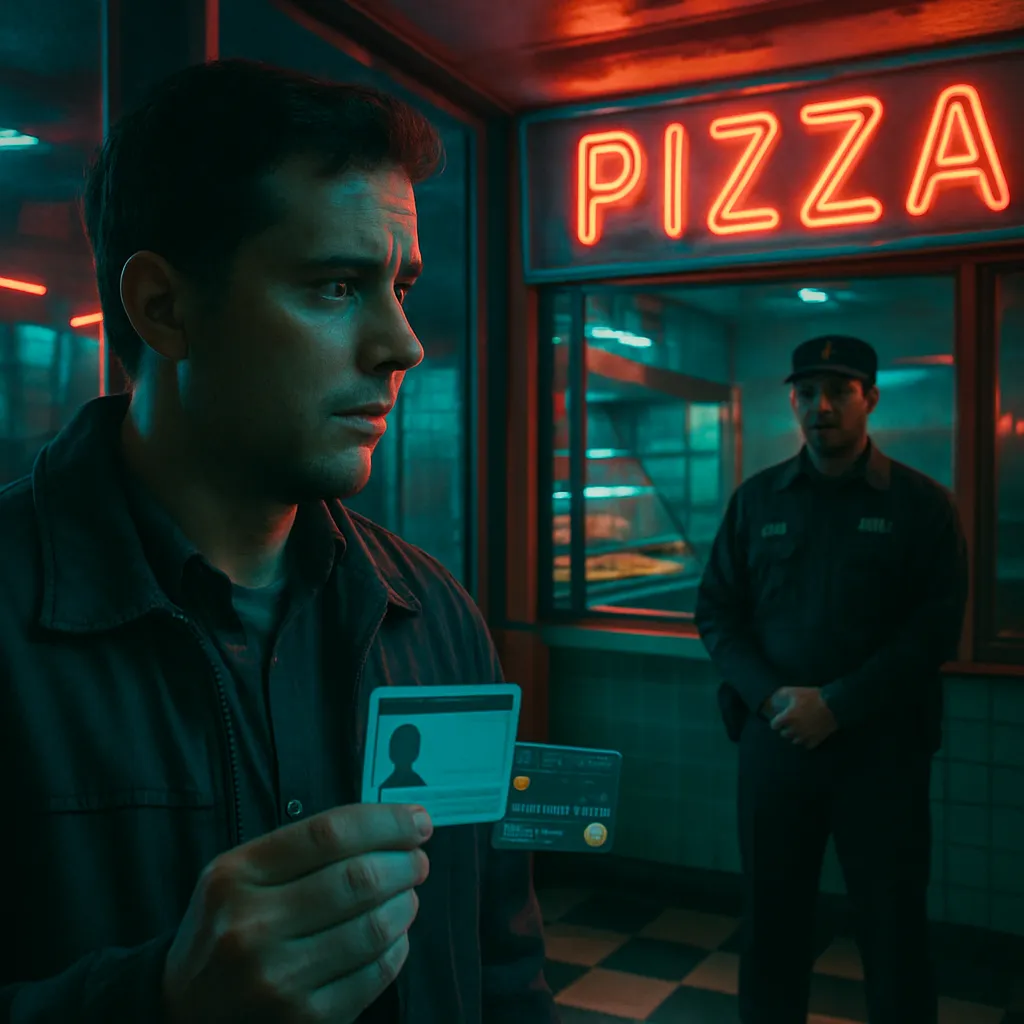 The dreamer visits a pizza place and forgets their ID and credit card. Upon returning, they see a different security guard, Juan, who watches from a distance but doesn't greet them.