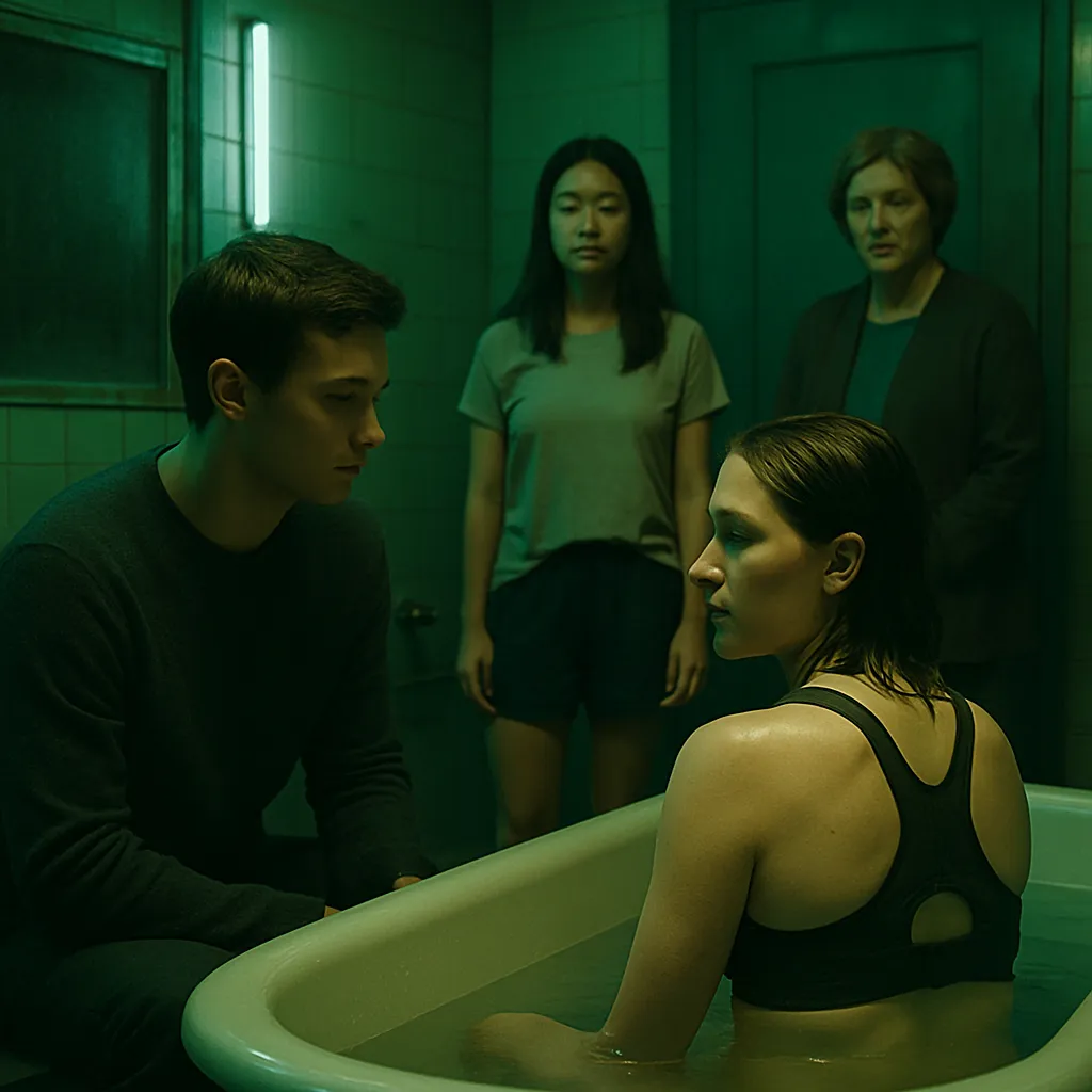 The dreamer finds themselves in a liminal state with past love and various unknown individuals, facing obstacles in trying to use a bathroom and eventually finding resolution while planning to reconnect with William in a soothing water setting.