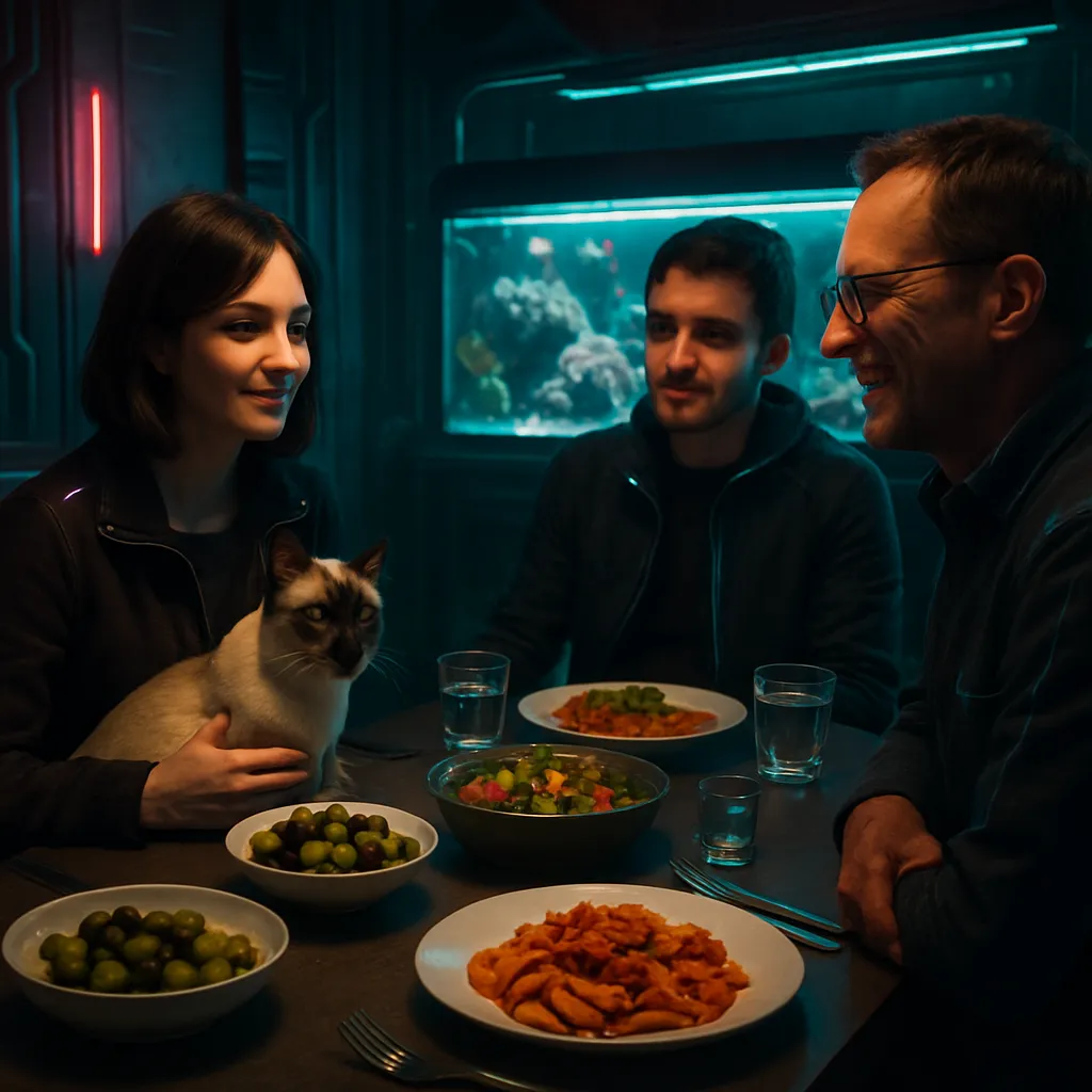 The dream involves going to dinner with Peter and Noel, where the dreamer is introduced to a potential romantic interest. Peter has provided favorite foods and has fish tanks with various pet fish. An affectionate Siamese-looking cat also features prominently.