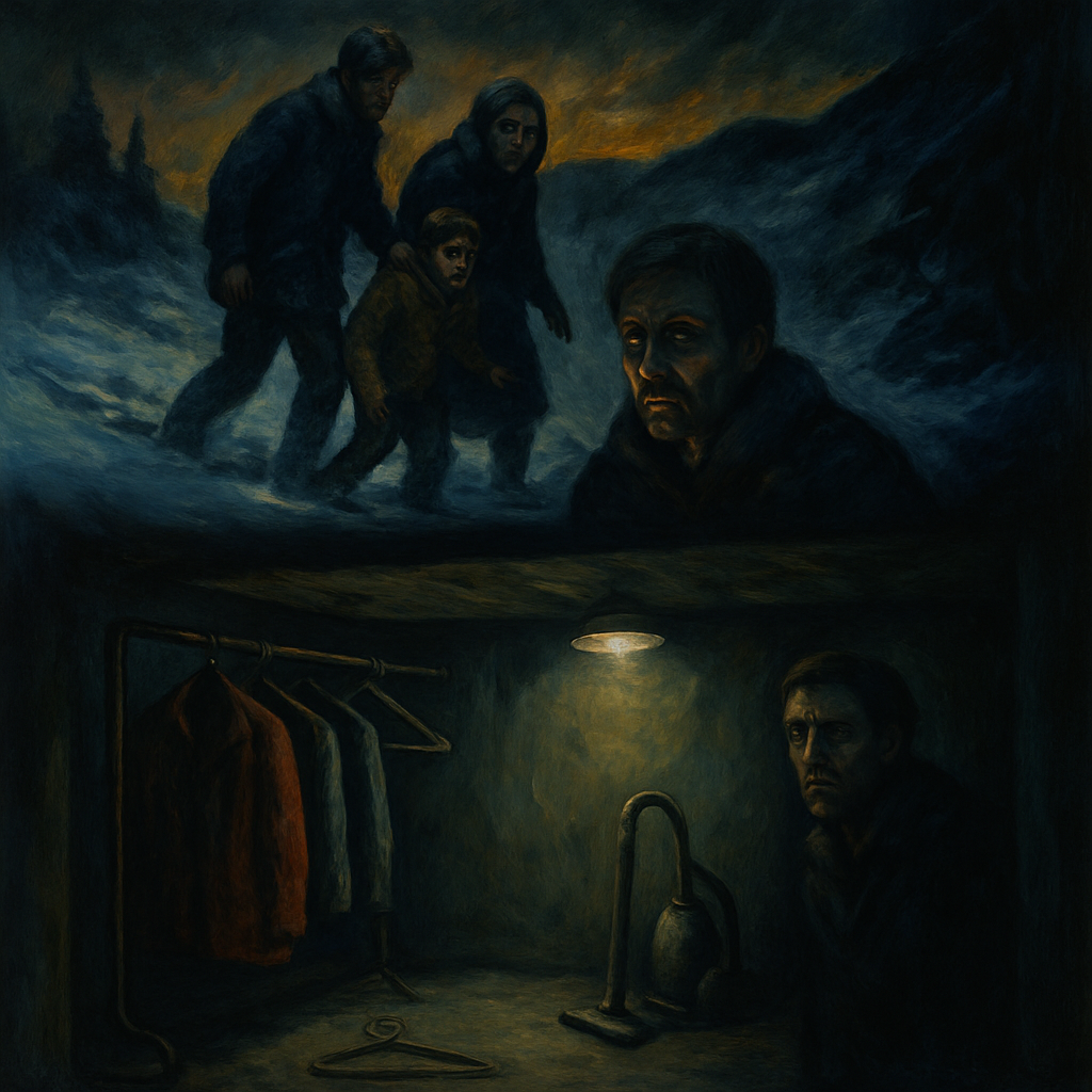 The dreamer, their husband, and son are moving through snowy landscapes, seeking safe shelter. A basement with a clothes rack, fallen hanger, and vacuum cleaner is noted, with unsettling feelings and the husband's approval of the clutter arrangement.