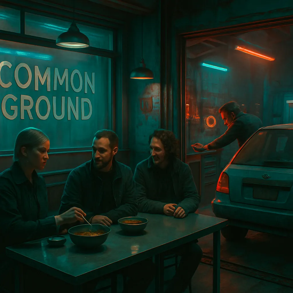 The dreamer experiences a series of interactions and events involving familiar people and settings, reflecting themes of renewal, personal journeys, and social connections through metaphors of dining and vehicle repairs.