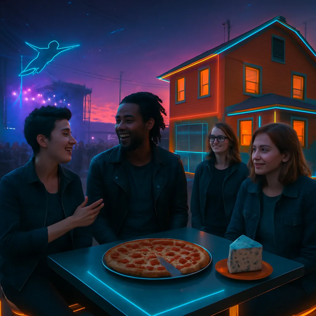 A dream involving friends joining the dreamer at a musical gig with pizza, discussing a flying dream, visiting a childhood friend's orange-painted house with unique features, and reluctance to swim due to ear concerns.
