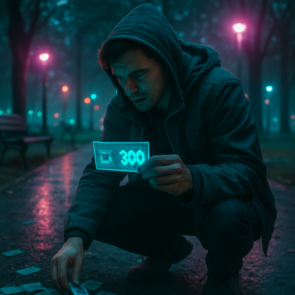The dreamer walks in a park, secretly collects money scattered on the ground. Discovering a $300 bill, initially thrilled, realizes it's fake, symbolizing a revelation about the illusion of perceived value.