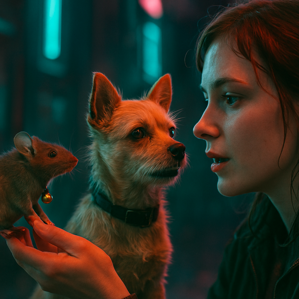 A small mouse with a bell transforms into a small dog, which then transforms into a familiar entity named Ruby, who speaks.