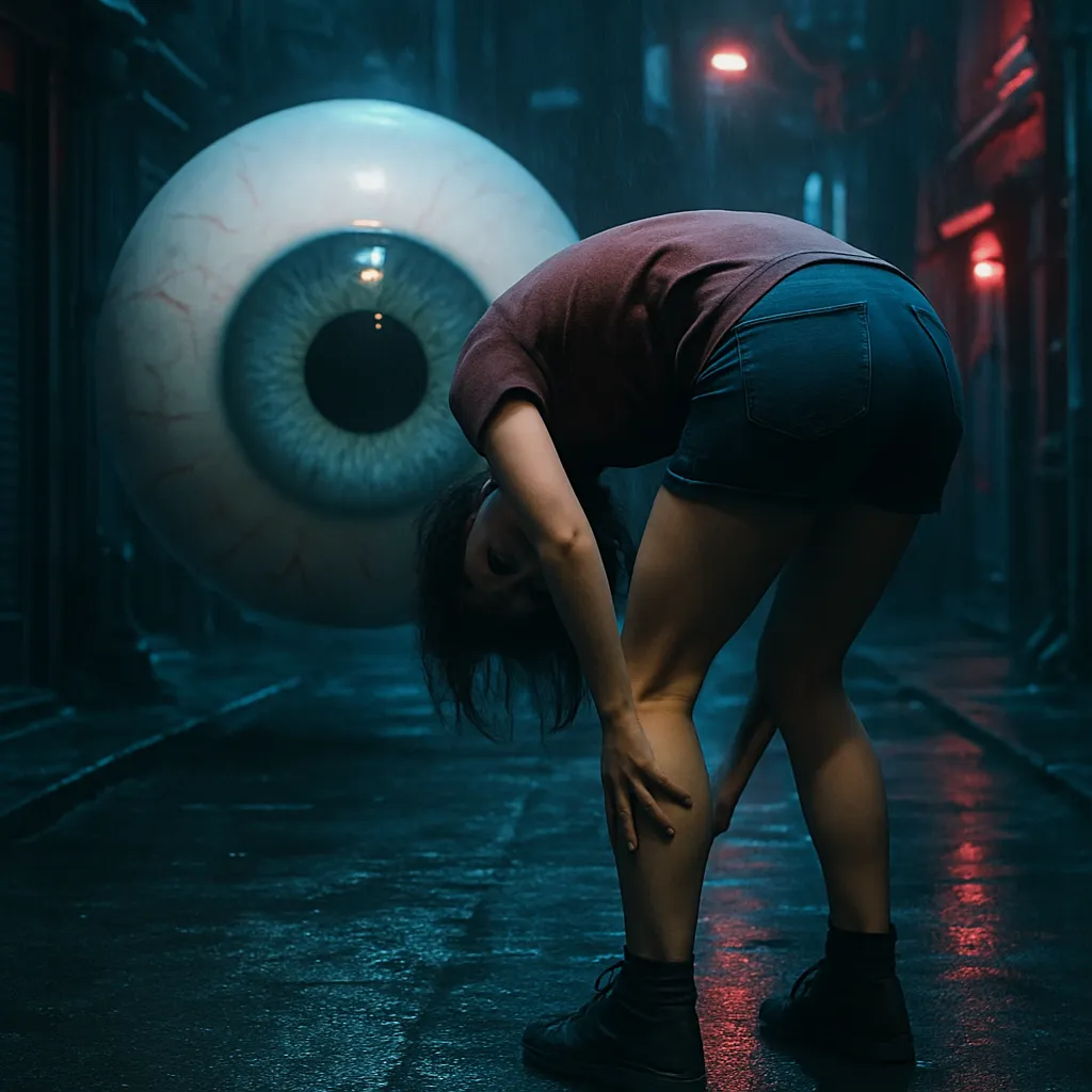 The dream involves a disembodied eyeball observing the dreamer as they bend over and look back between their legs. This scenario suggests themes of being watched or self-scrutiny, viewed from an unconventional perspective.