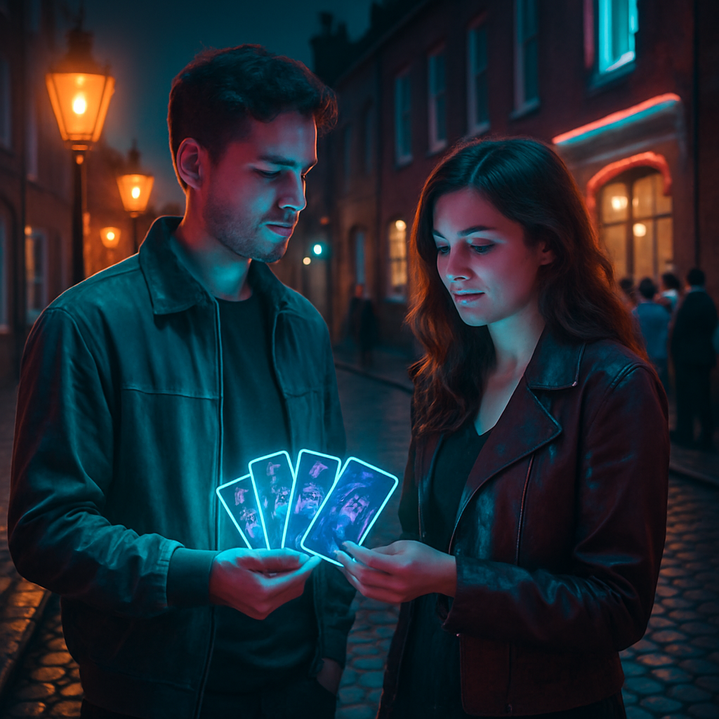 The dream describes a trip to the UK in a familiar setting with a high school boyfriend. The dreamer waits for the boyfriend to finish tasks, then they explore together, revealing a deck of cards illustrating past and present experiences. It ends with a family gathering.