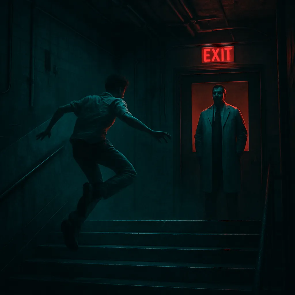 The dreamer is trapped in a mental institution and attempts to escape by running and flying down stairs, only to face the doctor at the exit who represents an authoritative figure enforcing confinement.