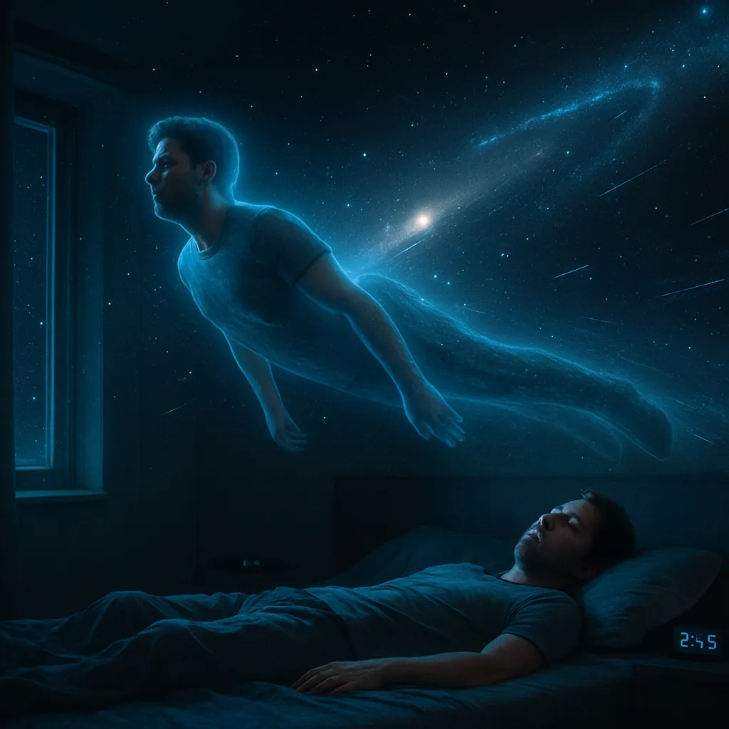 The dream involves the sensation of astral traveling all night, resulting in light sleep and waking up tired, as if having traversed light years during the night.