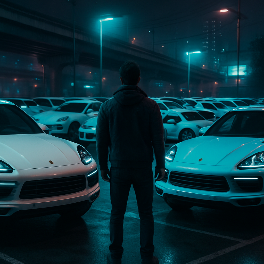 The dreamer finds themselves in a parking lot filled with white and baby blue Porsche Cayennes, looking to pick one out.