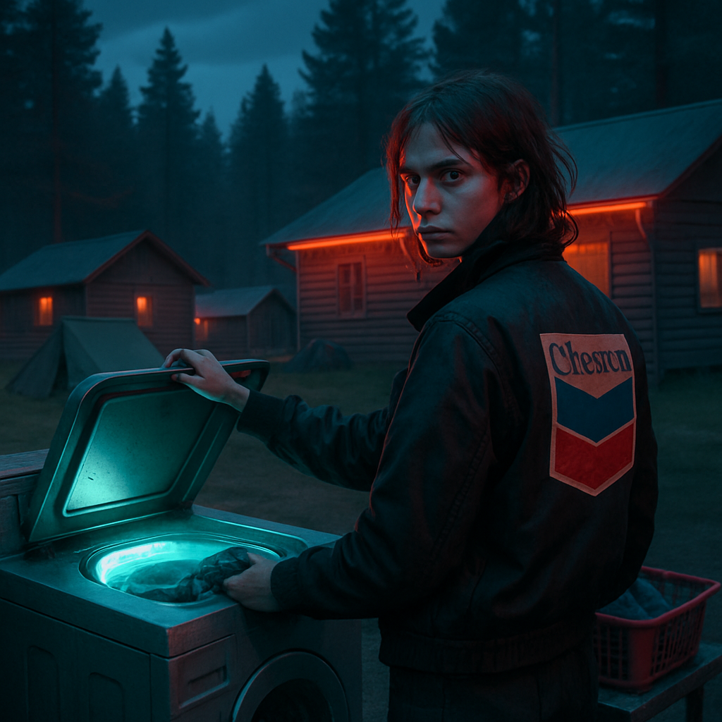 The dream takes place at a camp where the dreamer wants to do their laundry. A girl with a corporate gasoline logo on her jacket, who appears to be in opposition to corporations, is present.