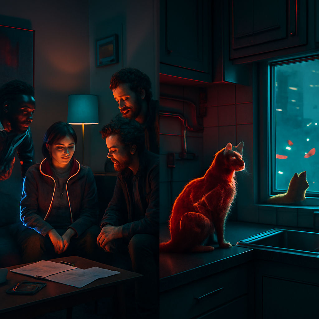 The dream involves artists encouraging the dreamer in the living room, observing a cat named Fireface looking outside in the kitchen, and following a woman along a path around a tree. It portrays themes of creativity, curiosity, and guidance.