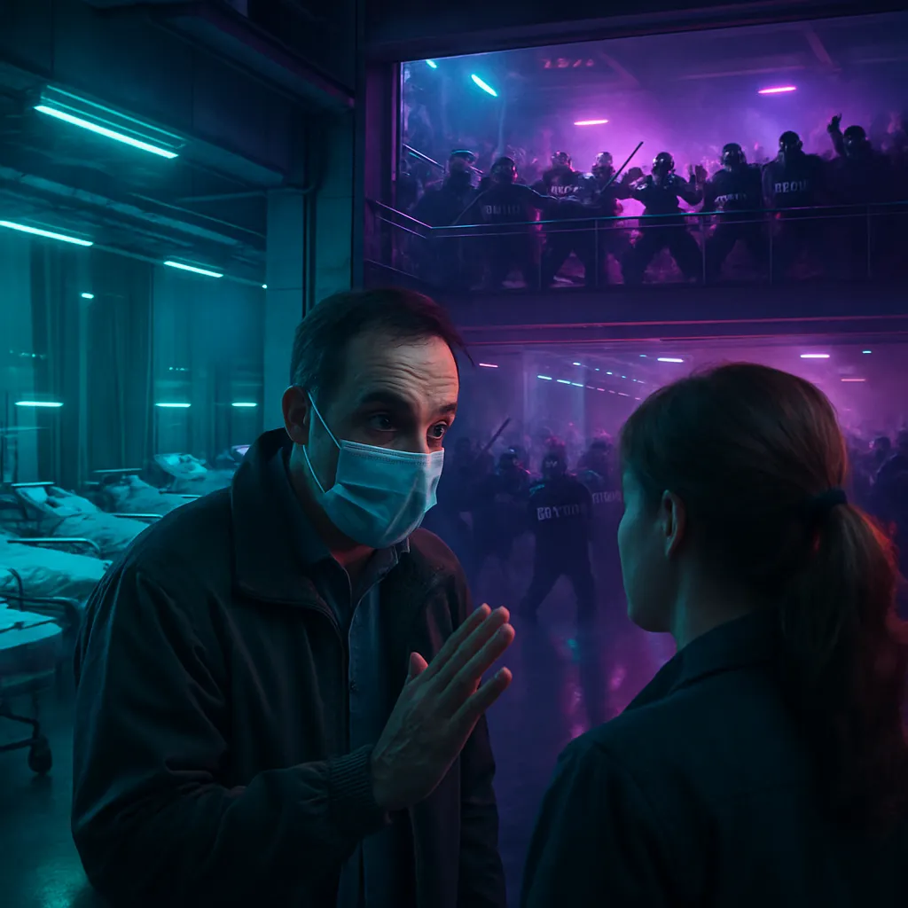 A dream of navigating a building with covid-positive hospital beds on one floor, a warning to one's wife, and encountering violet clashes between protesters and police on different floors.