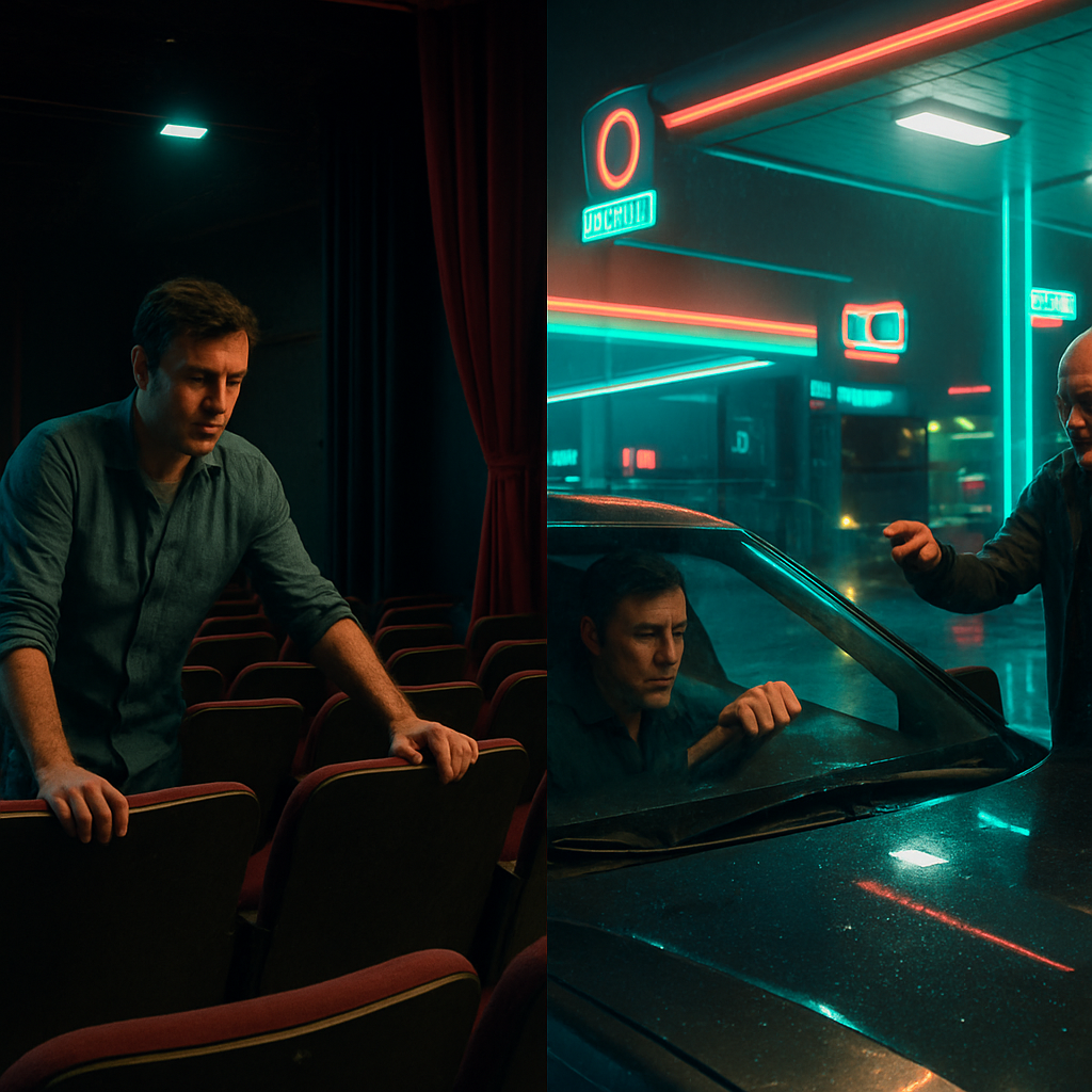 The dreamer is setting up a theater and feels uncertain about delegating the task. They later find themselves maneuvering a car at a gas station while confronting an angry man. The dream ends in a bookstore, where they follow Bud in search of something special.