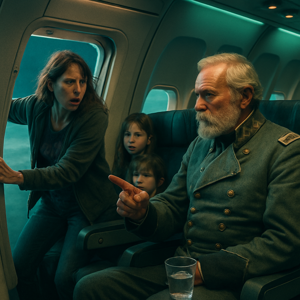 The dreamer finds themselves in a plane where a woman recklessly opens a door mid-flight. Later, they sit across a Confederate General, arguing and proposing a wager involving throwing water based on who's right. The dreamer admires but feels guilty about the General's attire.