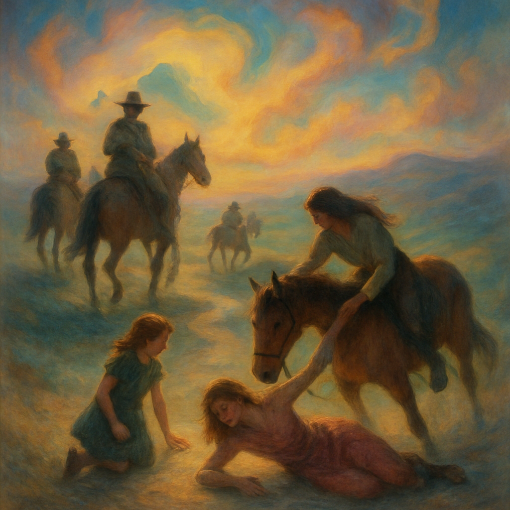 The dreamer rides with a group on horses. A woman and young girl fall off, the girl recovers independently, but the woman requires help.