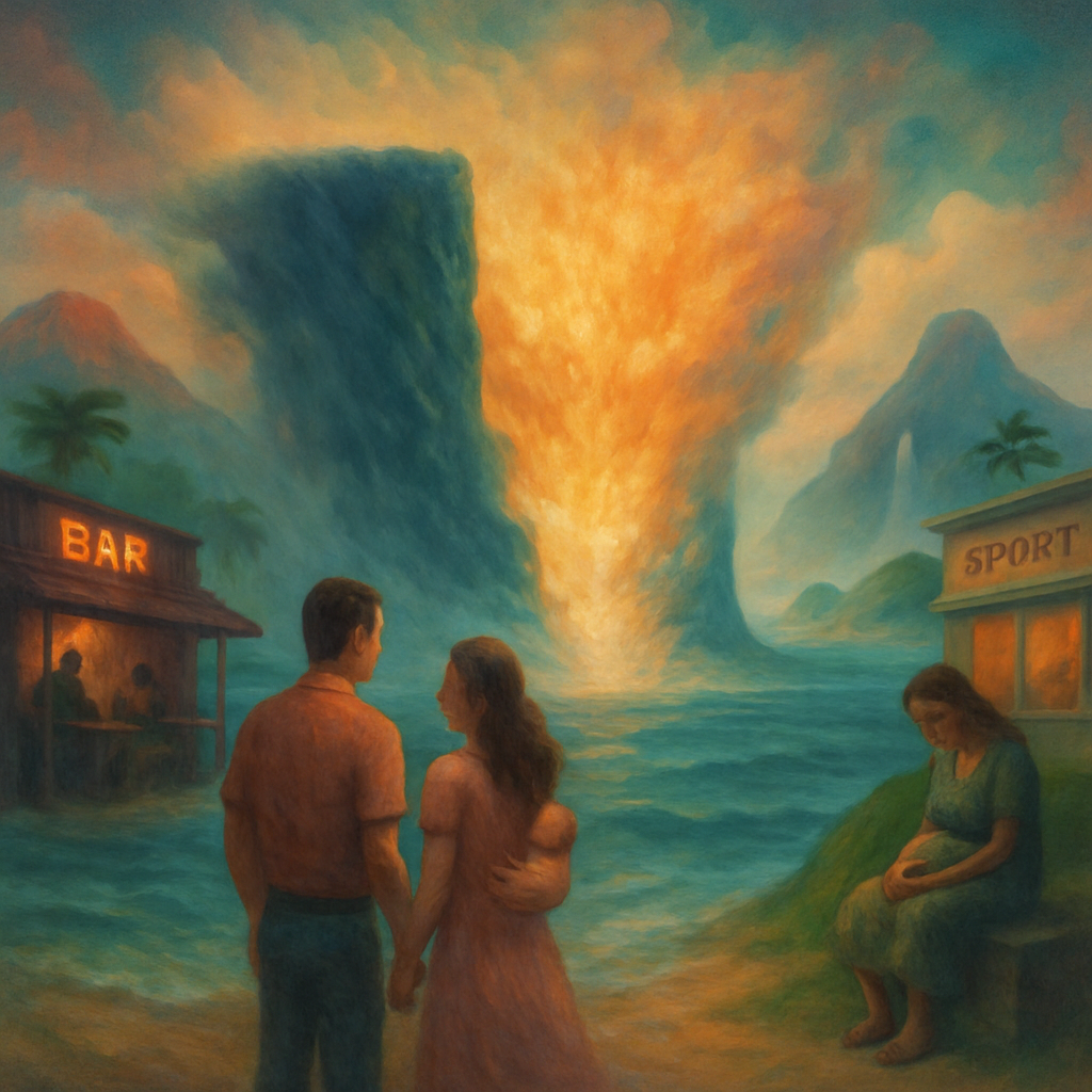 The dream involves a journey with a partner to move from one island to another (the Big Island to Maui), overcoming a significant obstacle: a wall in the ocean. The narrative involves themes of proving oneself to a doubtful partner and seeking help from suspicious individuals. Ultimately, the dream progresses from overcoming the obstacle to achieving freedom in Maui, then shifts to a scene involving work and social dynamics, and finally concludes with a scene observing a neglected pregnant woman.