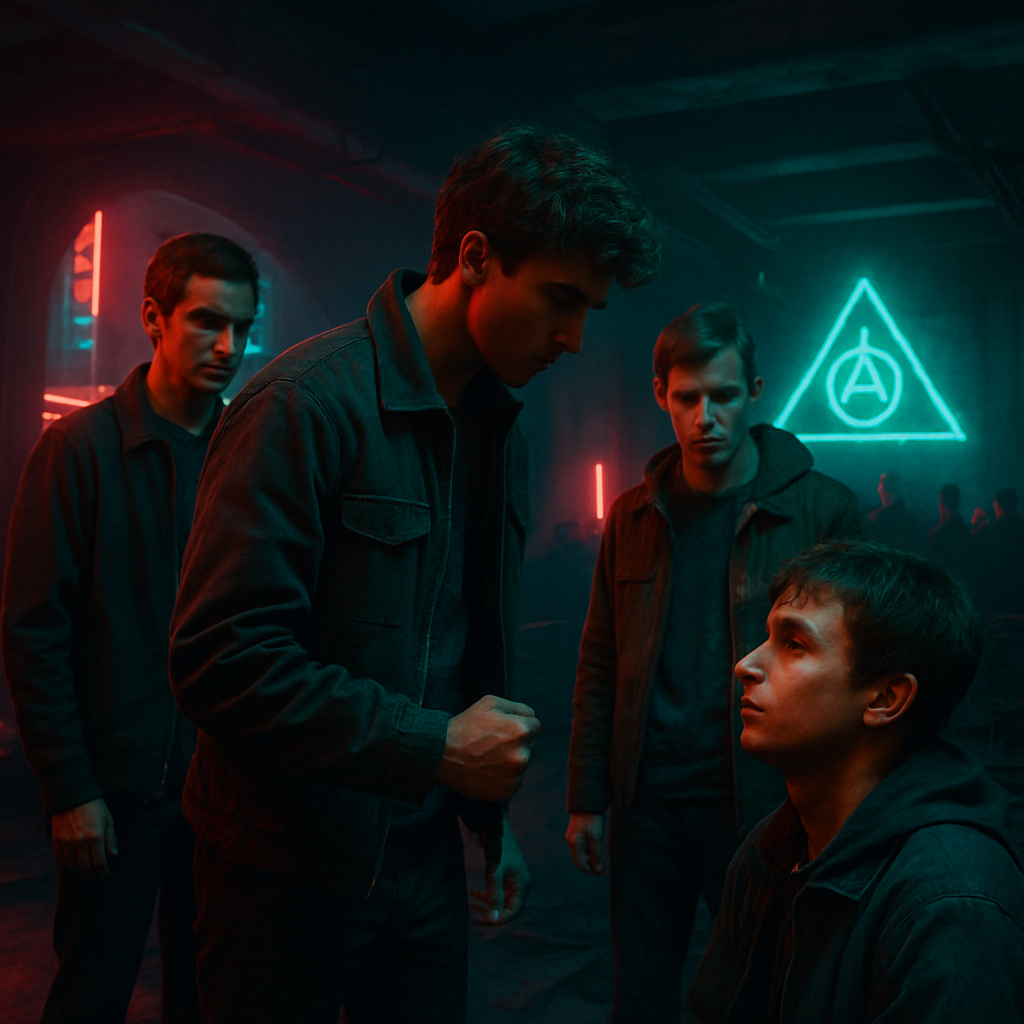 The dreamer travels to a city with friends and attends a secret society initiation requiring them to beat someone up, but hesitates upon discovering the person resembles a friend.