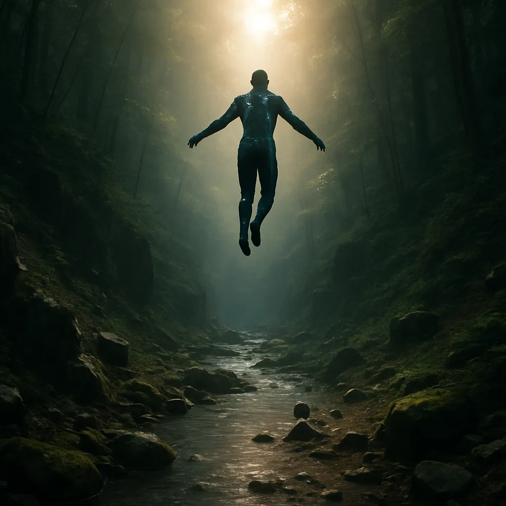 The dreamer finds themselves in a ravine with a stream, experiences flying, feels sunlight, doubts leading to falling gently to the ground.
