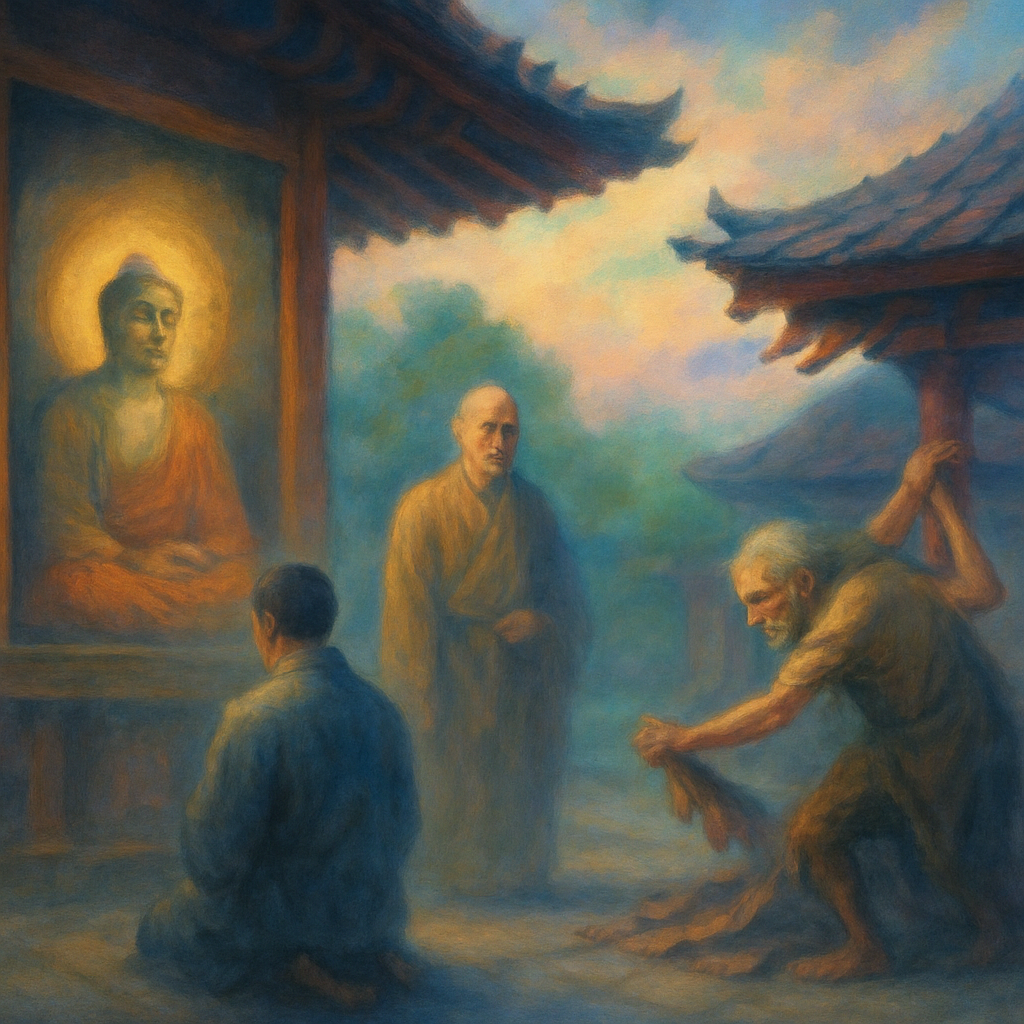 In the dream, the dreamer seeks approval from a deity and later encounters a beggar who is causing commotion by tearing down the eaves of a temple-like place. The dreamer wishes to stop the beggar but is unable to match his strength. The head abbot shows curiosity about the situation.
