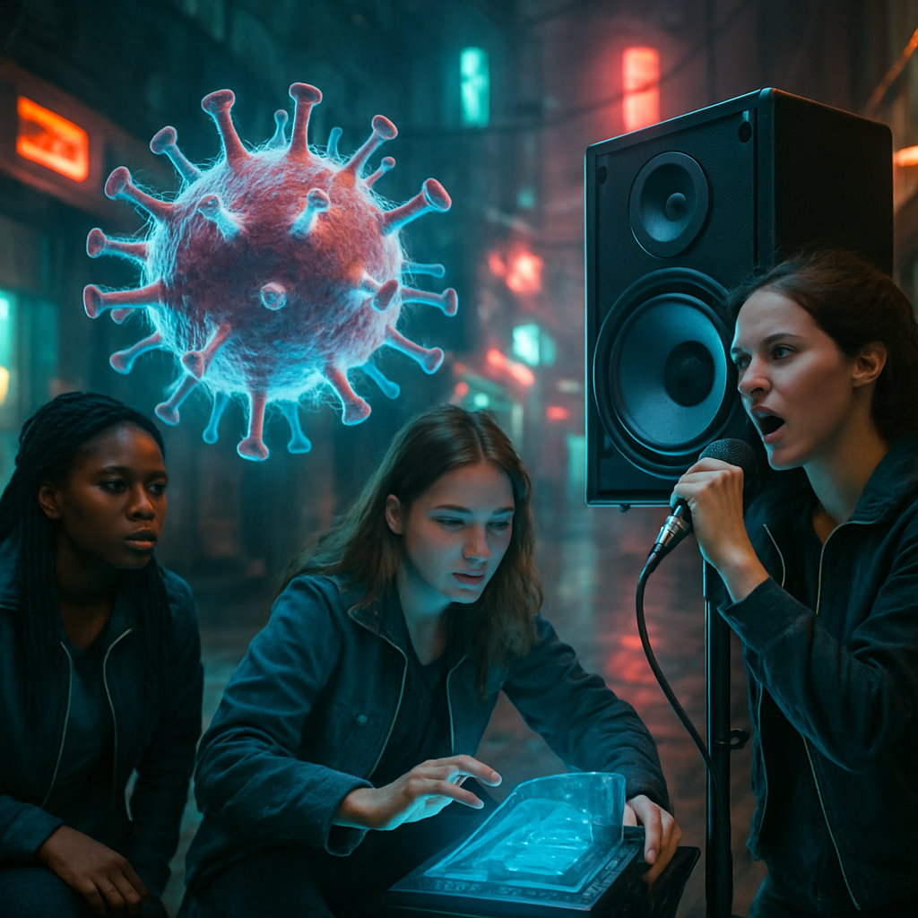 The dream involves overcoming a virus with the aid of innovative technology and the support of young women, accompanied by a sense of empowerment and influence through a powerful speaker or amplifier.