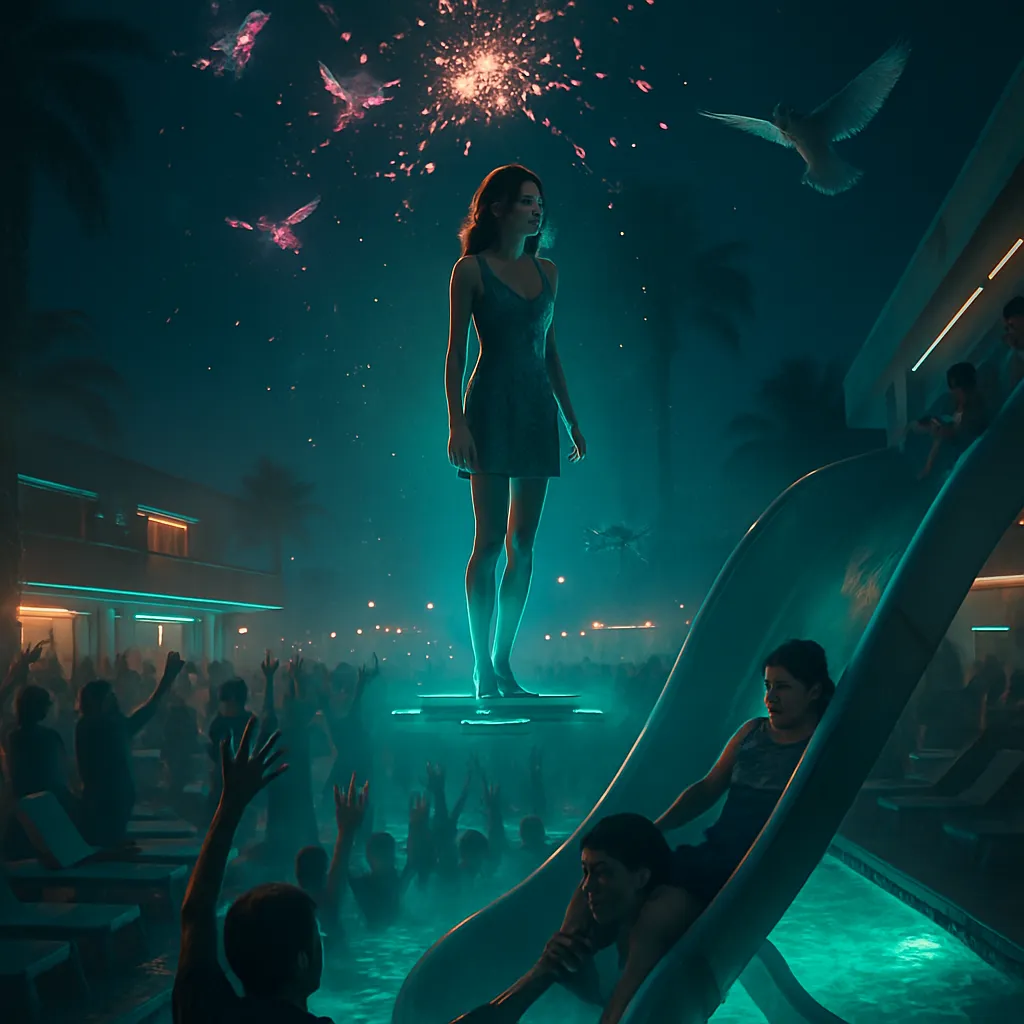 At a resort party, people and objects are lifted and decorated. A beautiful female figure is spotlighted. Fake birds explode over the crowd, while a real bird interacts with them. Earlier, on a chute, the dreamer saves his wife from a fall.