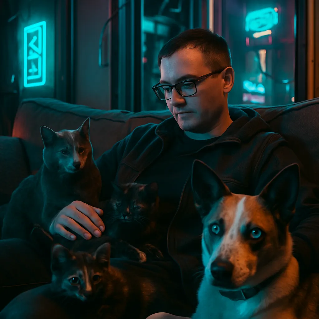 The dreamer is in a comfortable setting with their pets, observing a rare peaceful coexistence between their old cat and kitten, and engaging in gentle interaction with them.
