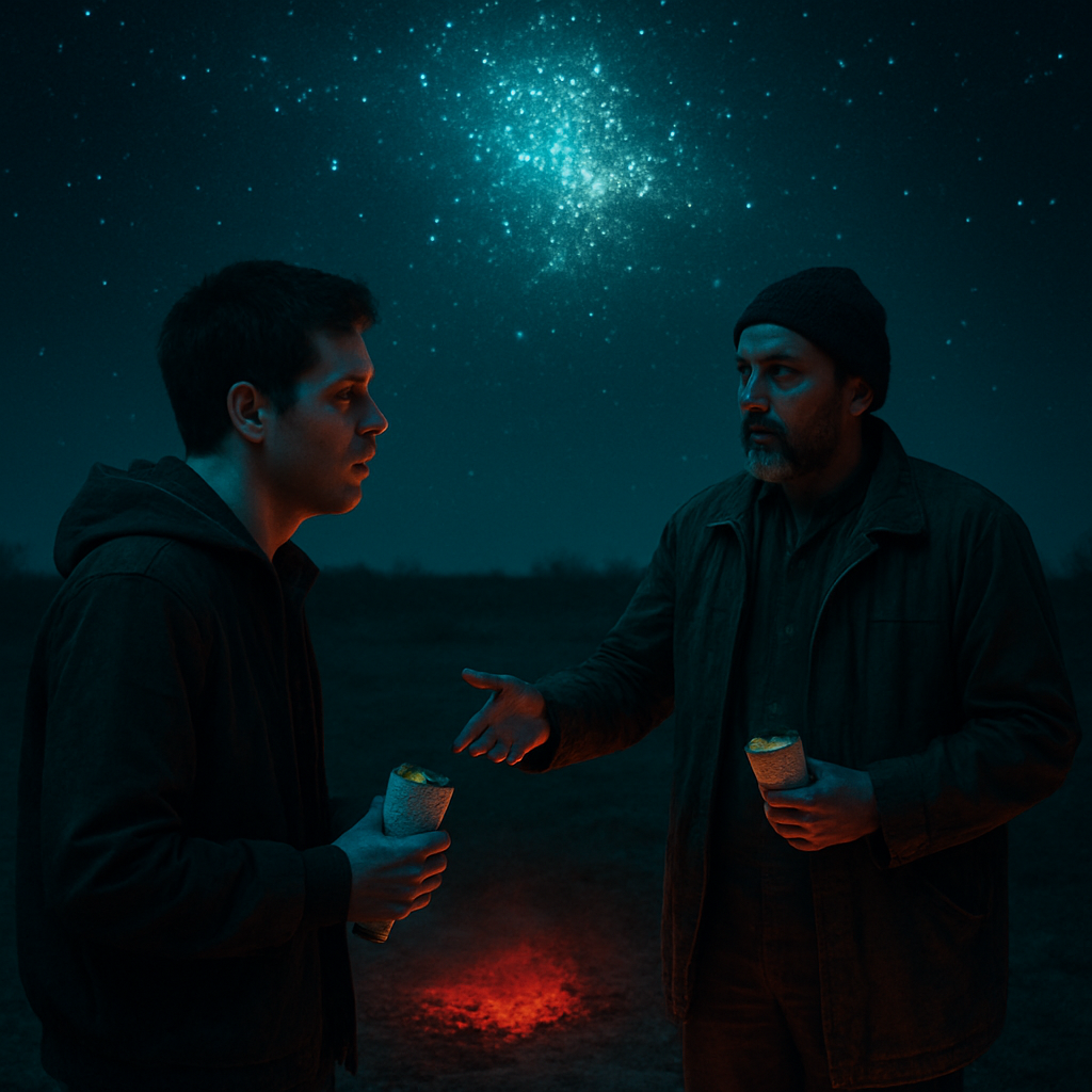 The dreamer and Levi were outside at night. The dreamer saw stars but couldn't direct Levi to see them. A man mentioned a blood-colored omen in the soil, predicting 'all-out war.' The dream concludes with the dreamer and Levi leaving to eat burritos.