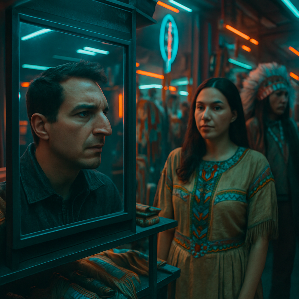 The dreamer sees a crooked nose in a mirror, explores a shop with Indian regalia, and interacts with a woman wanting to sell items. The dreamer avoids Crazy Bull.