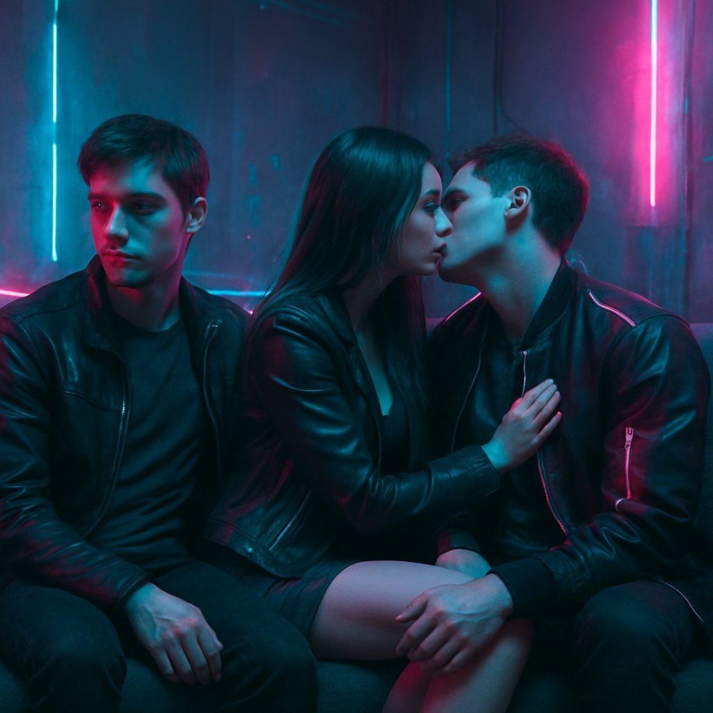 The dreamer was sitting on a couch with two people, engaging in cheating and seeking excitement through sneaking around.