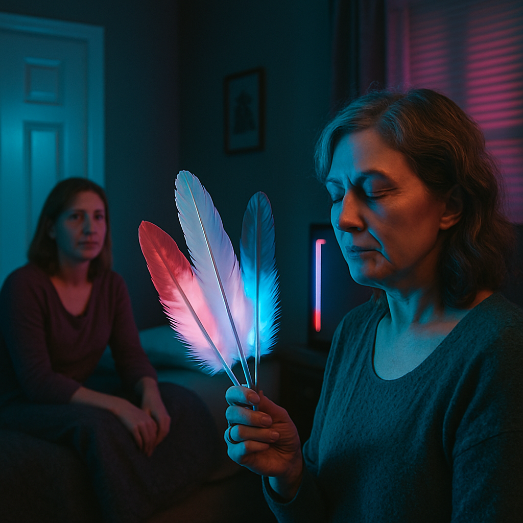 The dreamer visits Gail's house, participates in a show with Native American themes, and receives a symbolic message through feathers.