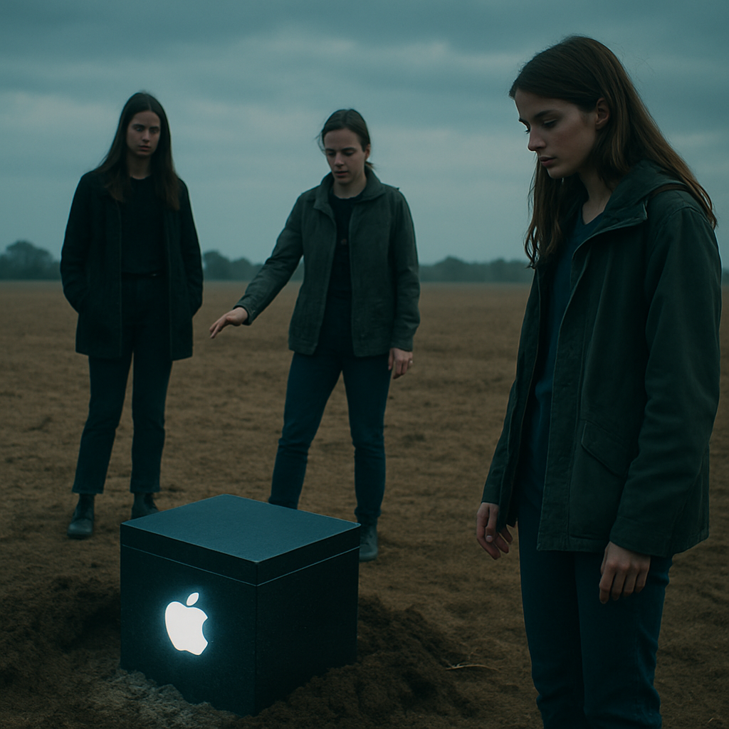 The dream unfolds in an open field with young women in charge. The dreamer perceives hidden concerns beneath the ground, represented by a black box bearing a known logo. The dreamer feels capable of helping, but is unsure if the women are aware of this.