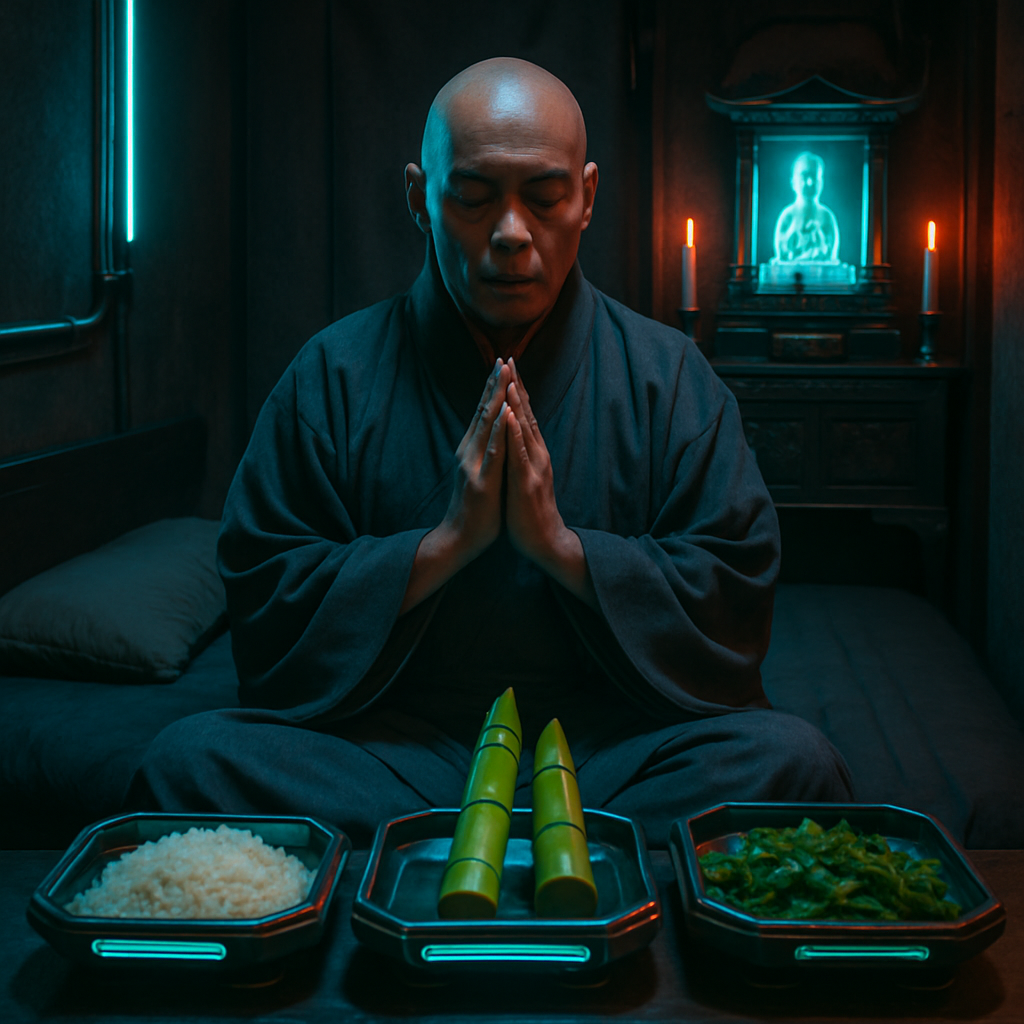 The dreamer stays in the sleeping quarters of a holy priest, partaking in spiritual nourishment through beautiful trays and engaging in chanting the sutra to share wisdom and sustenance with others.