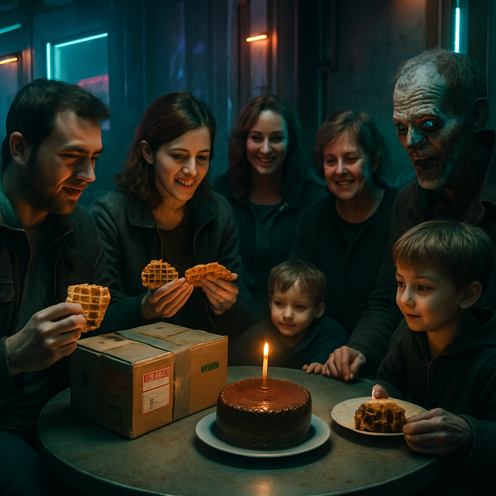 The dreamer and their husband encounter packages addressed to their parents and from a friend named Sherry. They snack on waffles from these packages before engaging in a family sharing of a cake. The dream ends with a vision of a zombie-like father-in-law.