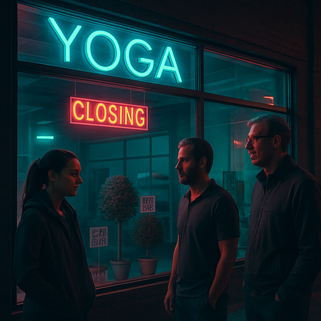 The dreamer is outside a yoga studio that is closing down. They speak with a familiar yoga teacher about teaching opportunities, but feel unhappy as the teacher also considers a new instructor. Everything, including fake trees, is being sold as the studio shuts.
